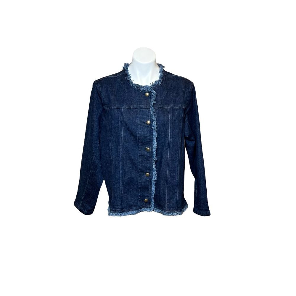 Coldwater Creek dark denim button up jean jacket with frayed trim size 1X